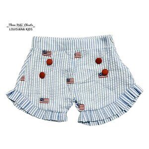 Blue Seersucker 2Y Embroidered American Flag Shorts